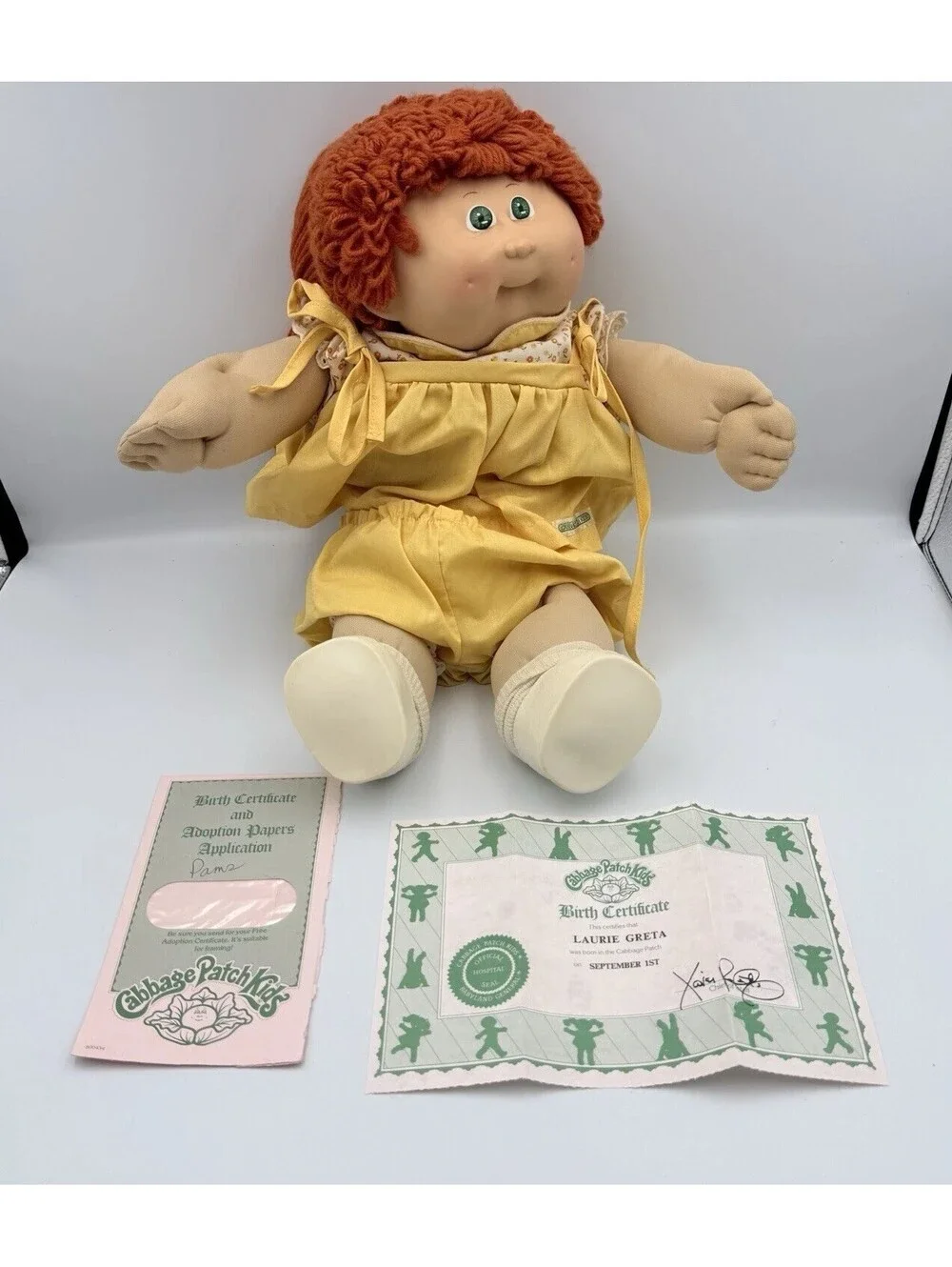 VTG 1982 Cabbage Patch Kids Doll Redhead Green Eyes Laurie Greta OK Birth Cert